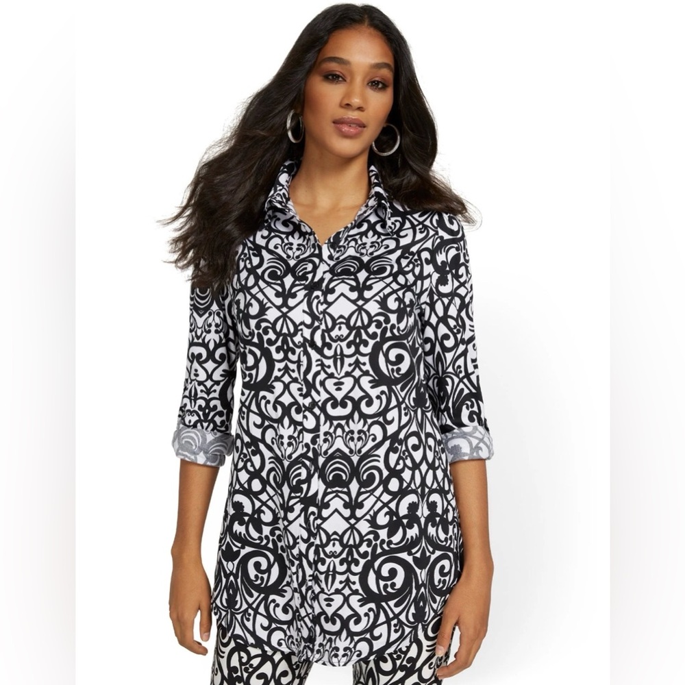 New York & Company Puff Sleeve Madison Tunic Shirt NEW Stretch Roll Tab Sleeve